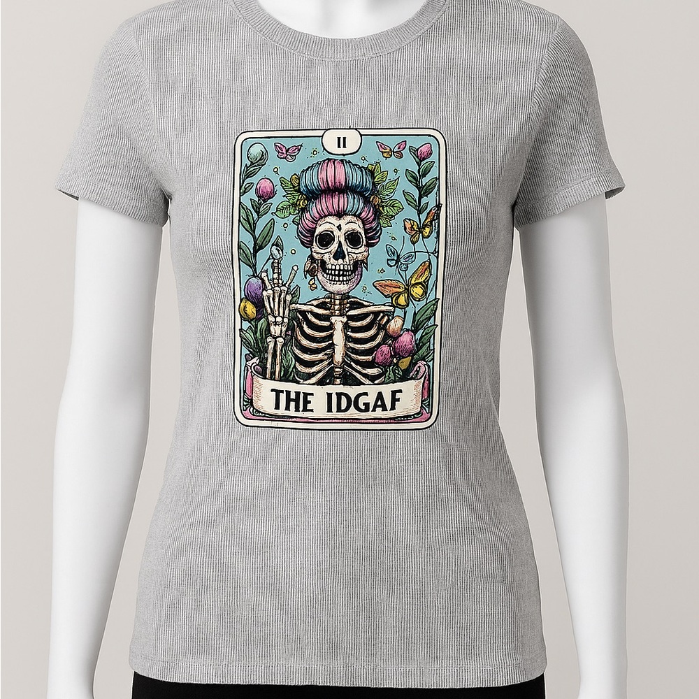 Graphic Tee with Skeleton and Floral Design Funny Gothic Tarot Mystic